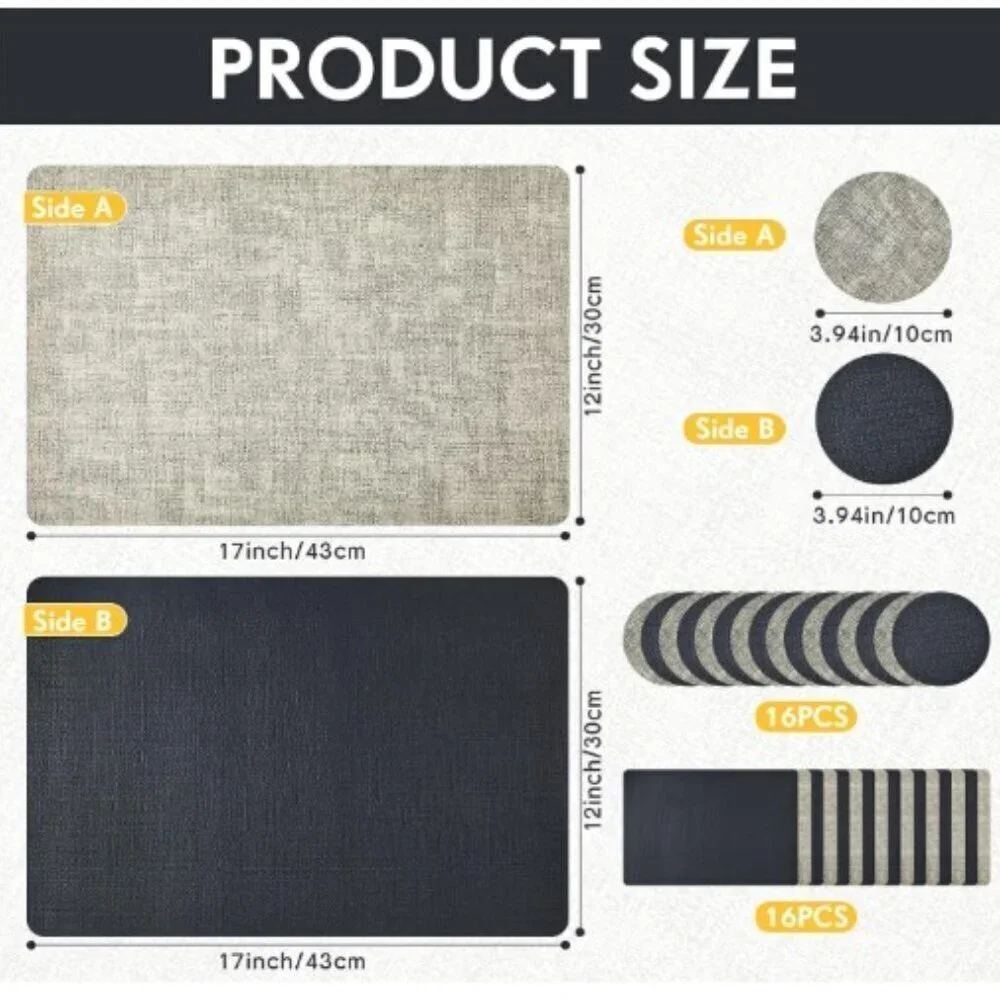 NEW 4 Faux Leather Placemats & Coasters Reversible Heat-Resistant Black & Gray